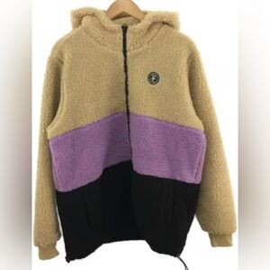 Alltimers Cozy Cinchable Brown/Purple/Black Striped Fleece Hooded JACKET SZ. M